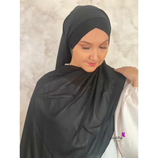 Hijab en Mousseline à Enfiler Bonnet Croisé Noir