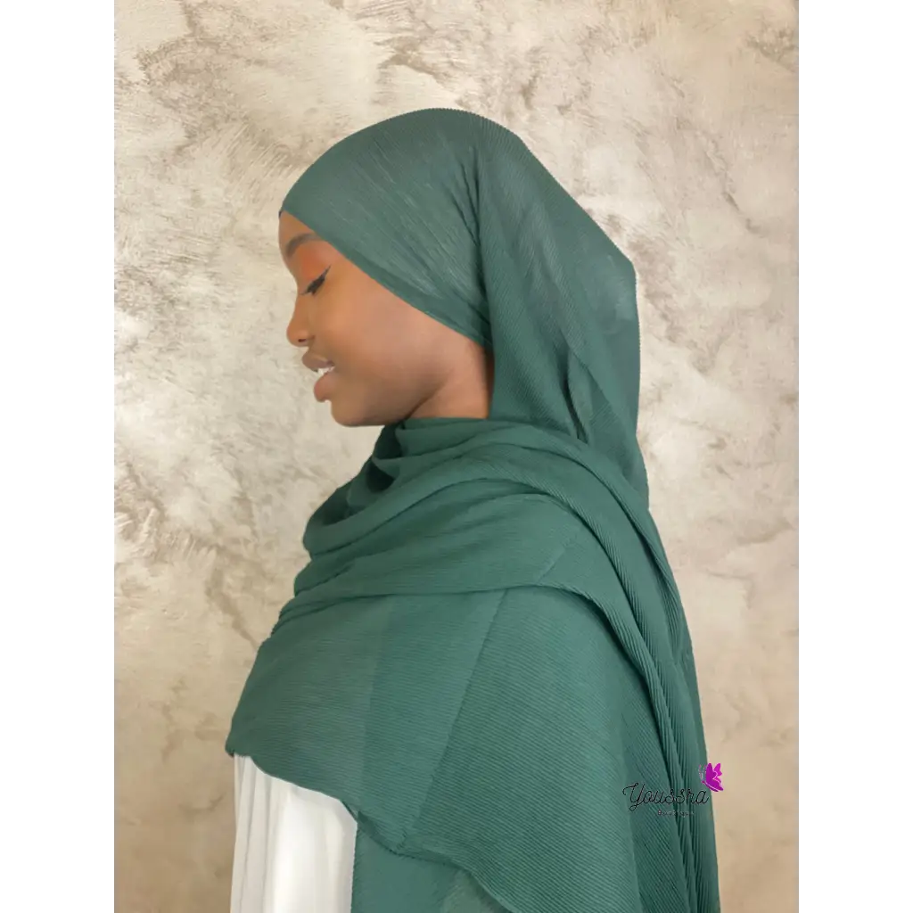 Hijab en Mousseline Plissée Premium Vert Emeraude