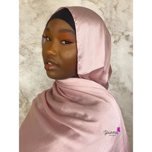 Hijab en Satin Rayé Rose Poudré